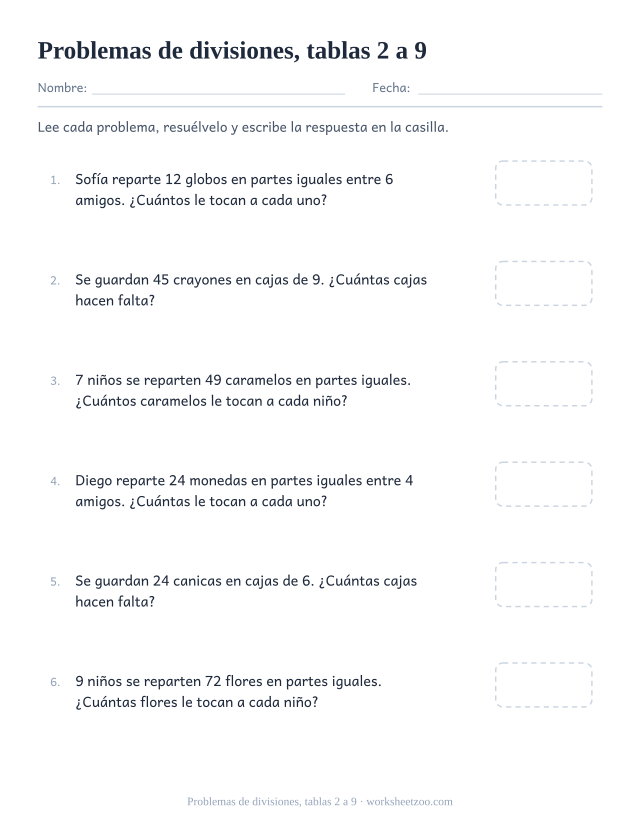 Ficha de problemas de divisiones con las tablas del 2 al 9 y situaciones de agrupar y repartir