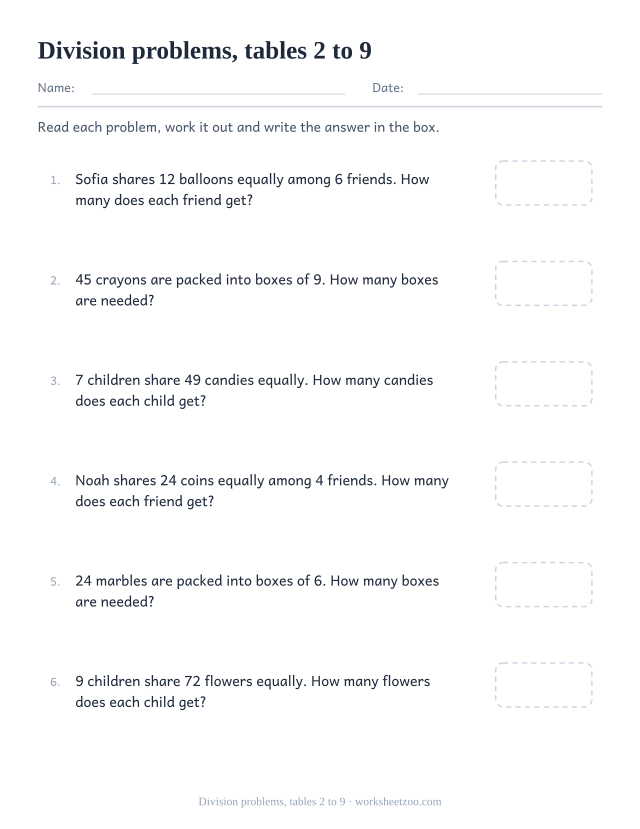 Division word problems worksheet using the 2 to 9 tables with grouping and sharing situations