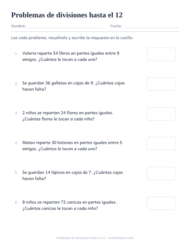 Ficha de problemas de divisiones que cubre las divisiones exactas hasta el doce