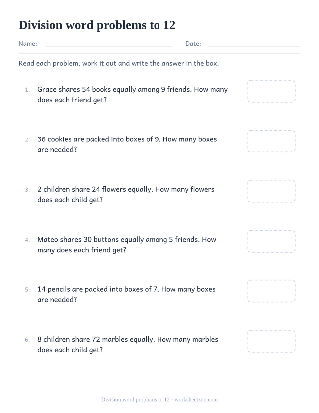 Division word problems worksheet covering the full division facts up to twelve