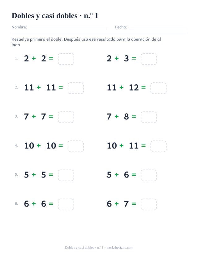 Ficha de dobles con cada doble emparejado con el casi doble que va a su lado