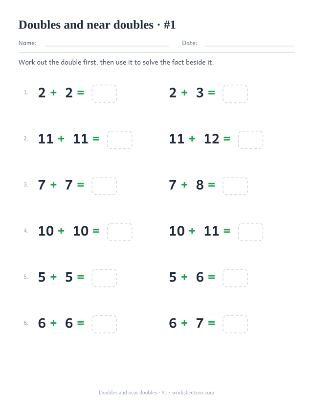 Doubles facts addition worksheet pairing each double with the near double next to it