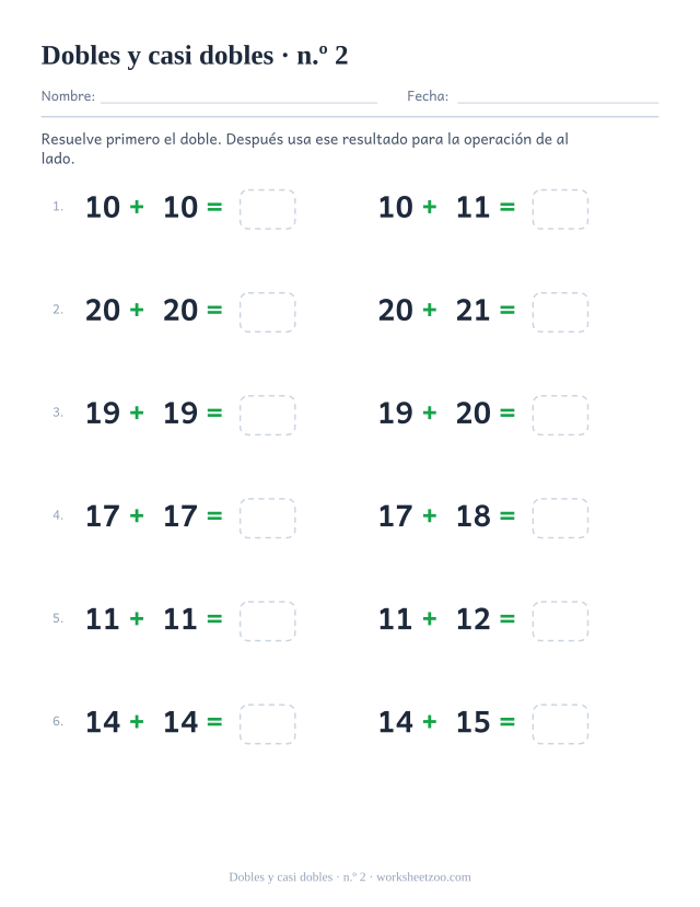 Ficha de dobles con números mayores, del 10 al 20, y sus casi dobles