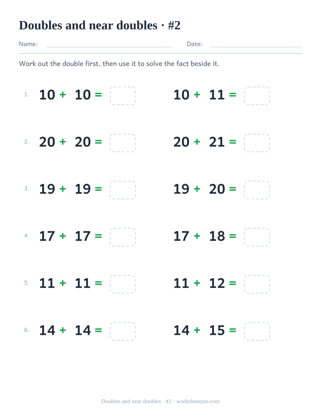 Doubles worksheet with larger numbers from 10 to 20 and their near doubles