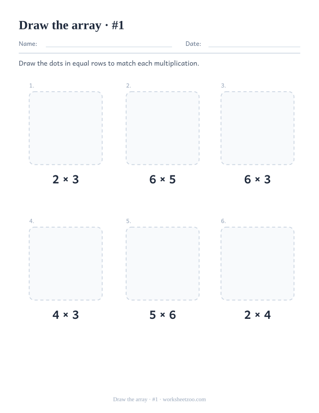 Multiplication worksheet for drawing dot arrays to match a given multiplication fact