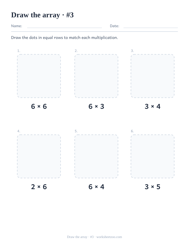 Third drawing array worksheet for building rectangles of dots from a multiplication
