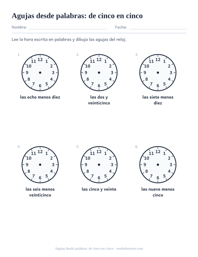 Ficha de relojes en blanco para dibujar horas de cinco en cinco dadas en palabras