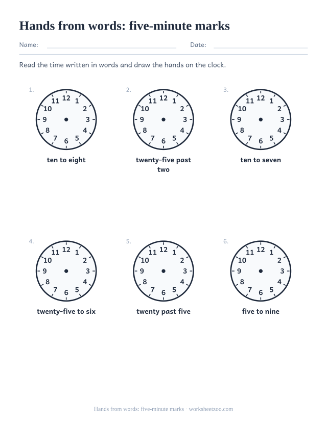 Blank clock worksheet for drawing five-minute times given in words