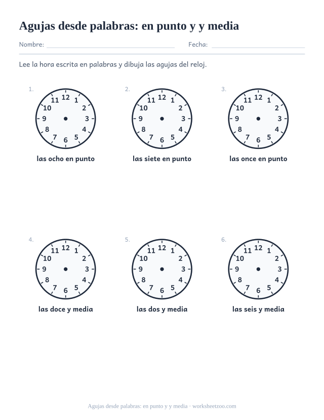 Ficha de relojes en blanco para dibujar las agujas según la hora escrita en palabras