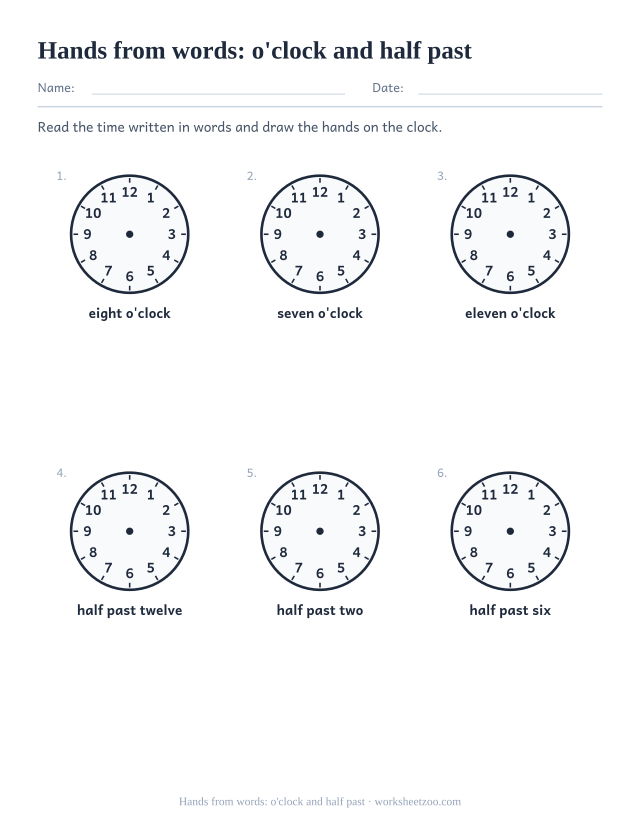 Blank clock worksheet for drawing hands to match a time written in words