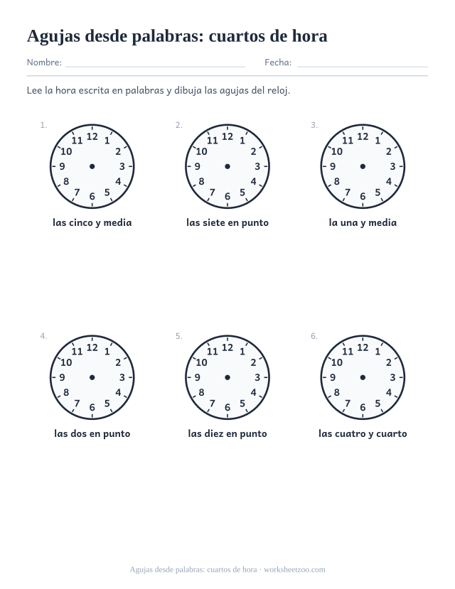 Ficha de relojes en blanco para dibujar horas y cuarto y menos cuarto escritas en palabras