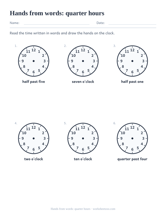 Blank clock worksheet for drawing quarter past and quarter to times written in words
