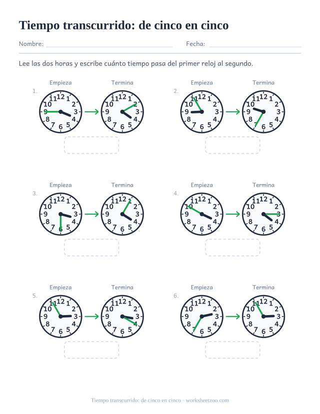 Ficha de tiempo transcurrido con relojes en marcas de cinco minutos y saltos difíciles