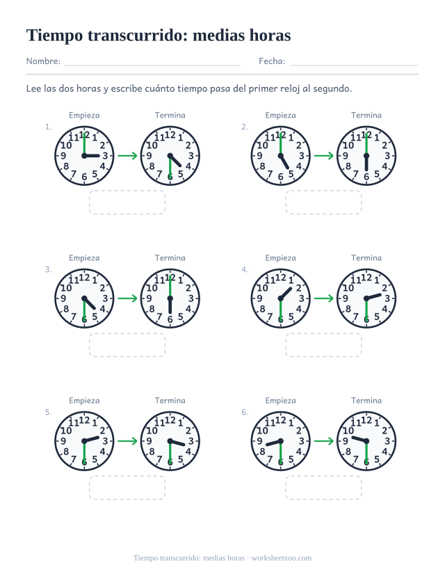 Ficha de tiempo transcurrido con relojes en punto y y media