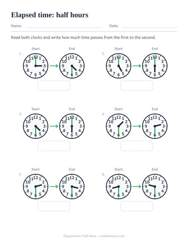 Elapsed time worksheet with start and end clocks on the hour and half hour