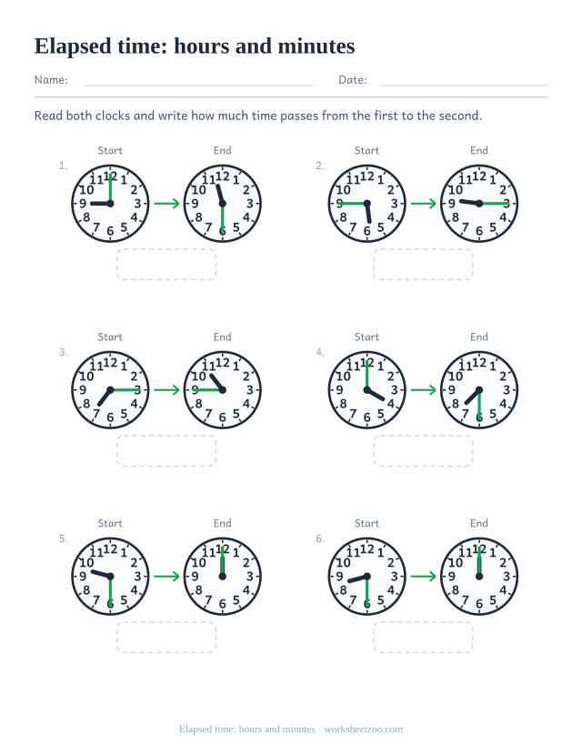 Elapsed time worksheet with gaps of several hours and a half for two-part answers