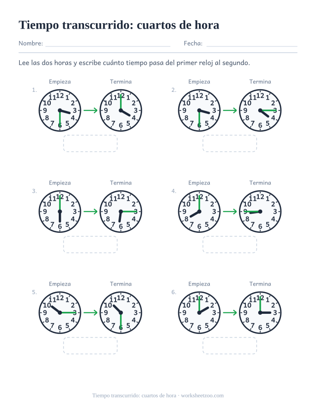 Ficha de tiempo transcurrido con horas en cuartos y saltos de cuarto de hora