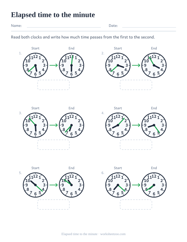 Elapsed time worksheet with clocks showing any minute and irregular gaps