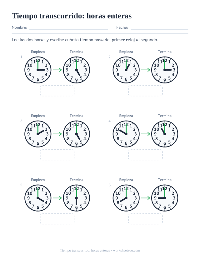 Ficha de tiempo transcurrido con dos relojes por problema y saltos de horas enteras