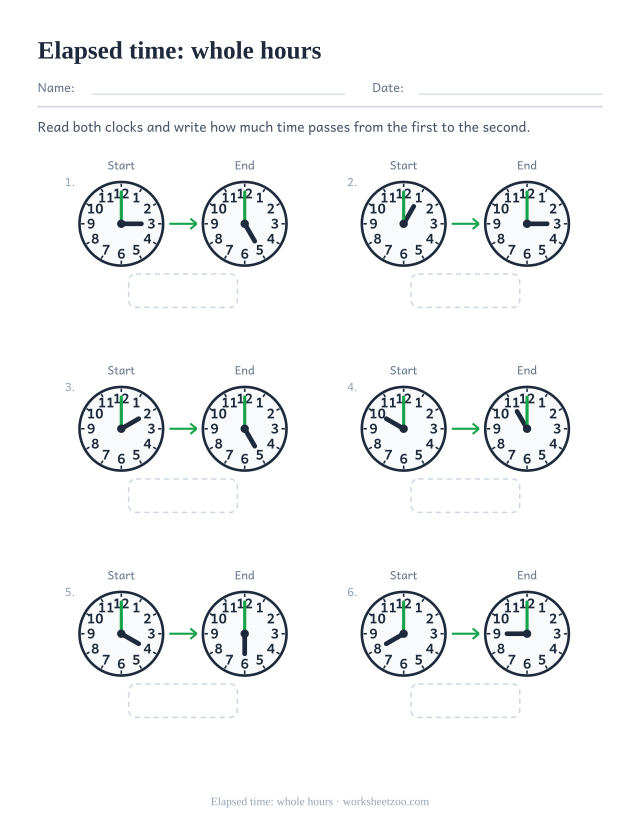 Elapsed time worksheet with two clocks per problem and gaps of whole hours