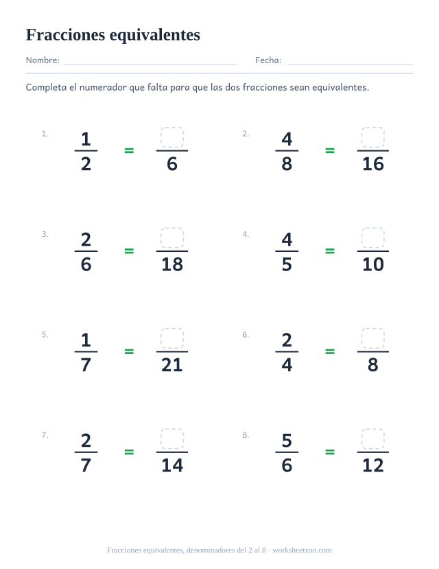 Ficha de fracciones equivalentes, 8 ejercicios con denominadores del 2 al 8 y el numerador que falta