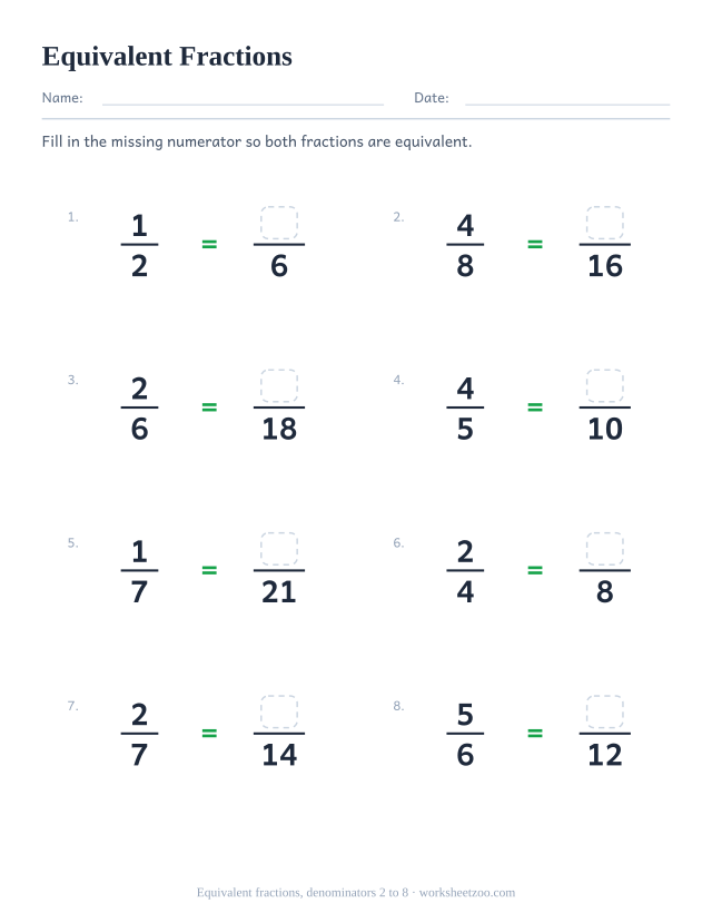 Equivalent fractions worksheet, 8 problems with denominators 2 to 8 and a missing numerator to fill in