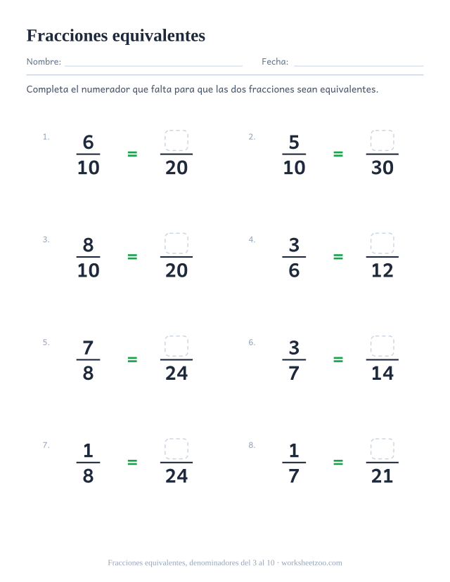 Ficha de fracciones equivalentes, 8 ejercicios con denominadores del 3 al 10 y el numerador que falta