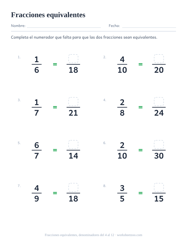 Ficha de fracciones equivalentes, 8 ejercicios con denominadores del 4 al 12 y el numerador que falta