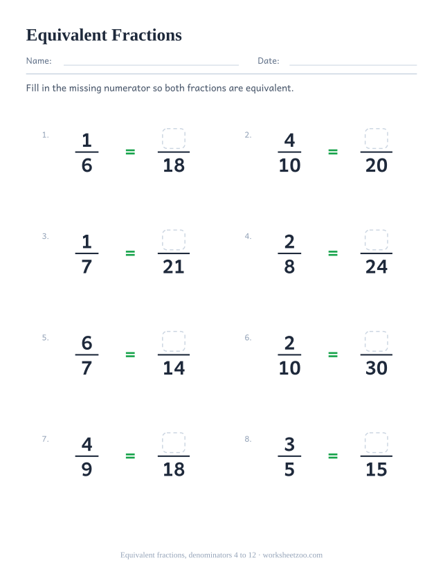 Equivalent fractions worksheet, 8 problems with denominators 4 to 12 and a missing numerator to fill in
