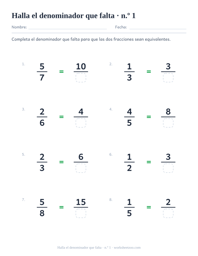 Ficha de fracciones equivalentes con el denominador en blanco en vez del numerador