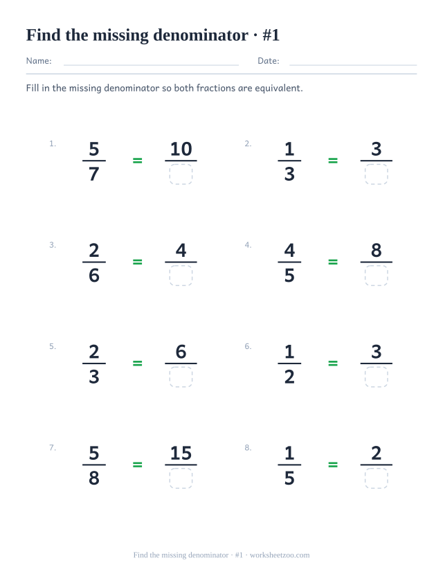 Equivalent fractions worksheet with the denominator missing instead of the numerator