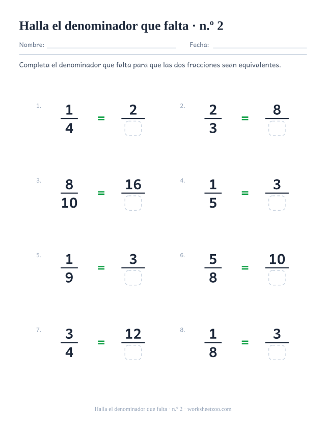 Ficha de fracciones equivalentes con el denominador que falta y denominadores de partida del 3 al 10