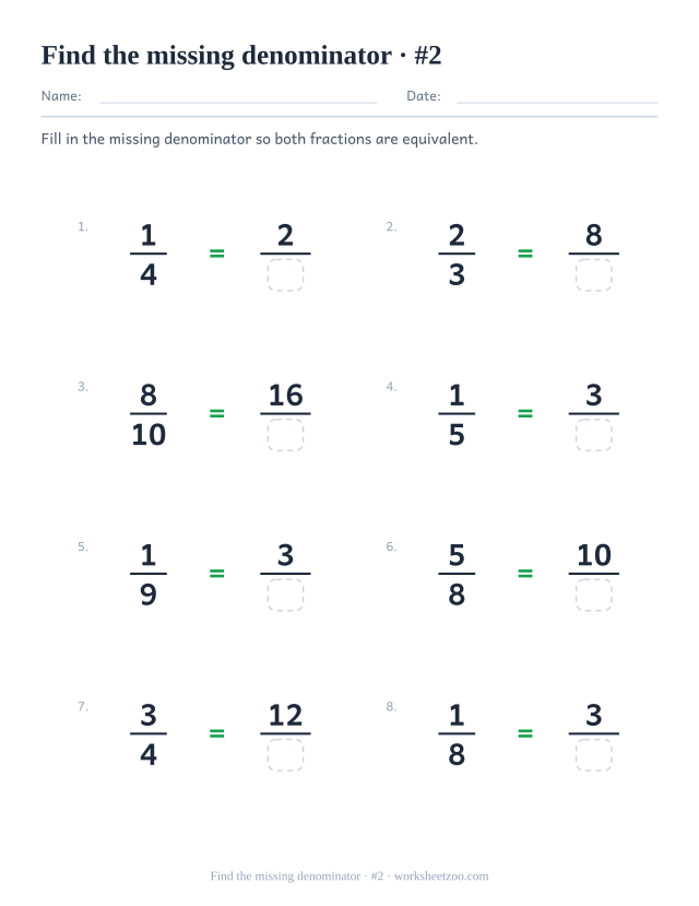 Equivalent fractions worksheet with missing denominators and starting denominators from 3 to 10