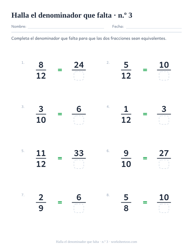 Ficha de fracciones equivalentes con el denominador que falta y denominadores hasta doce