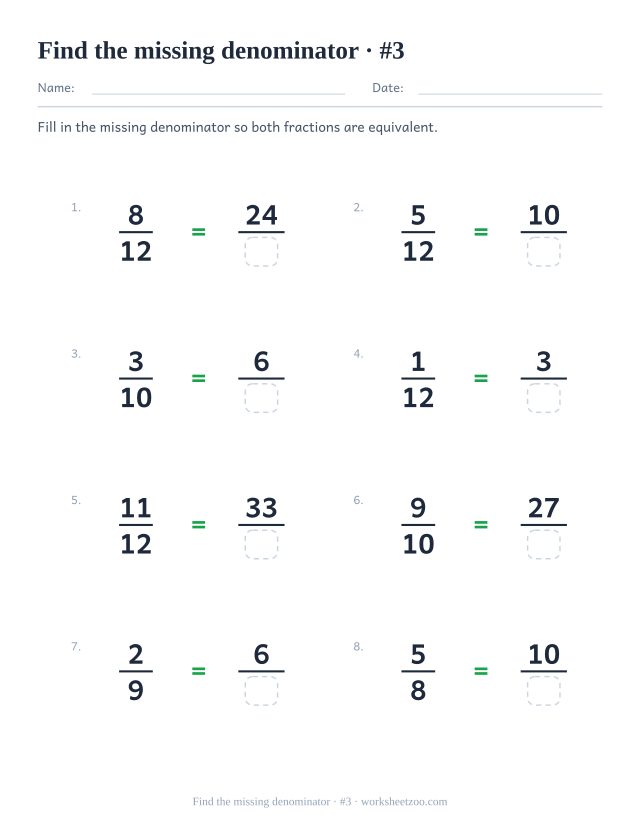 Equivalent fractions worksheet with missing denominators reaching twelfths