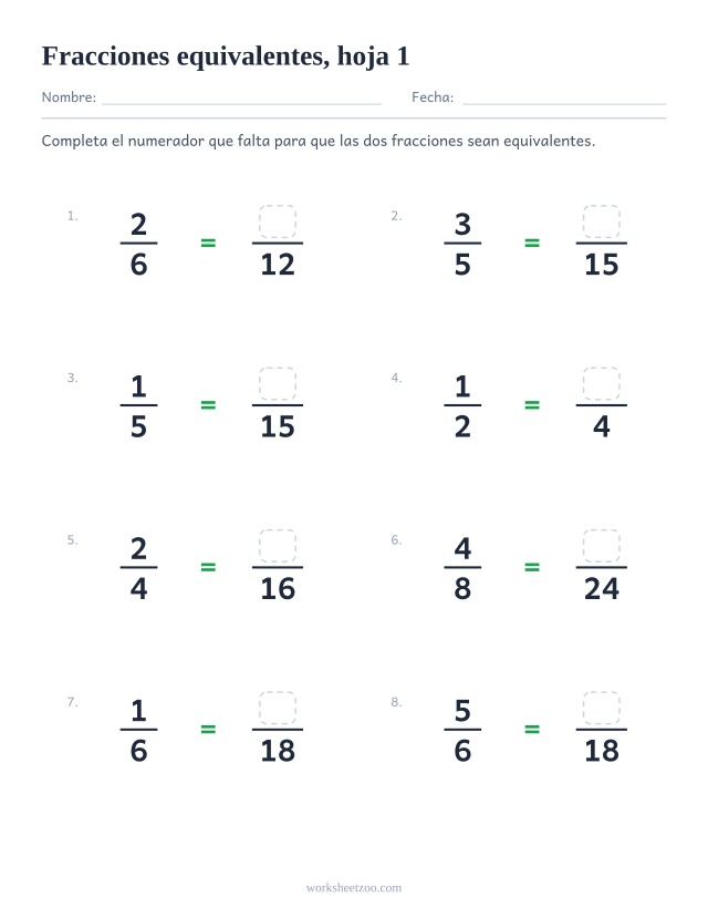 Ficha de fracciones equivalentes con 8 ejercicios para completar el numerador que falta, hoja 1