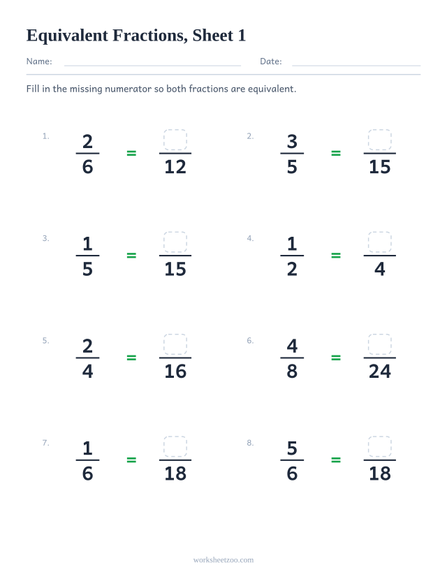 Equivalent fractions worksheet, 8 problems with a missing numerator to fill in, sheet 1