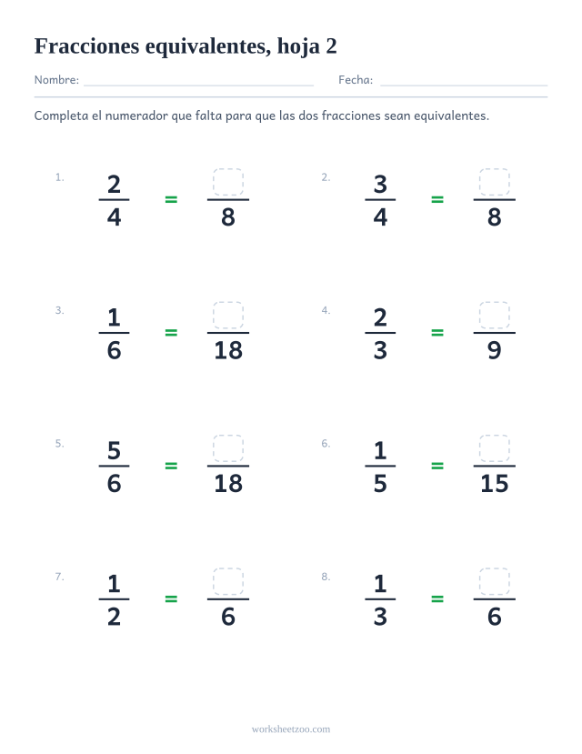 Ficha de fracciones equivalentes con 8 ejercicios para completar el numerador que falta, hoja 2