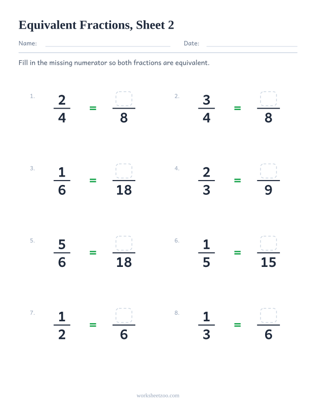 Equivalent fractions worksheet, 8 problems with a missing numerator to fill in, sheet 2