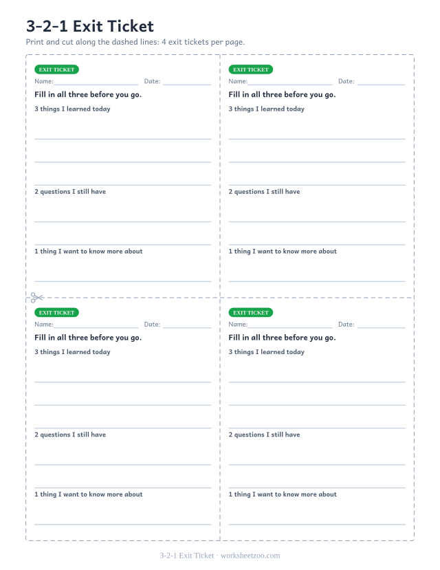 3-2-1 Exit Ticket: free printable exit ticket PDF to print and cut, 4 slips per page