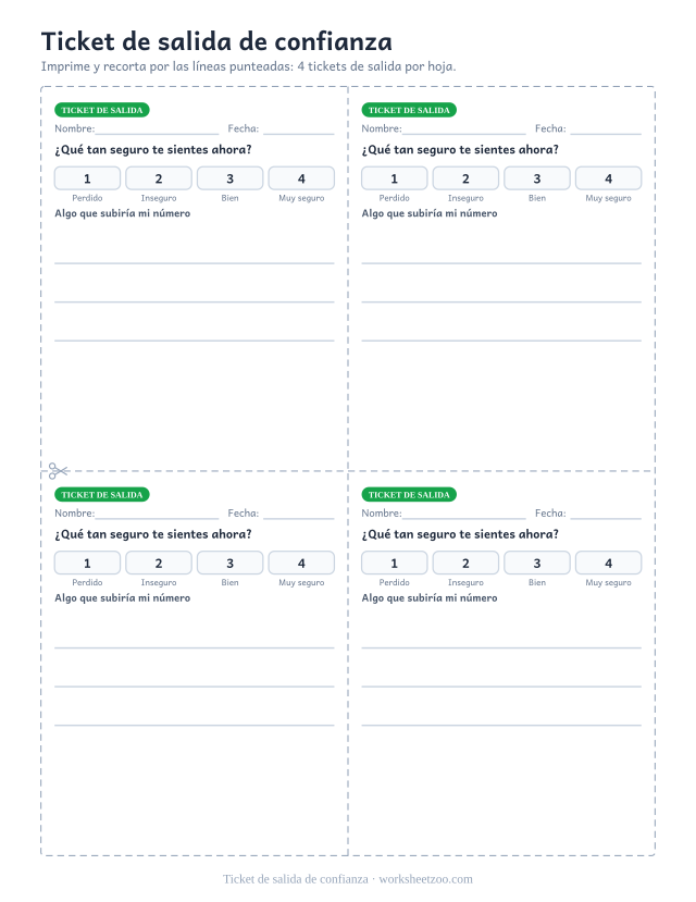Ticket de salida de confianza: ticket de salida para imprimir y recortar en PDF, 4 tickets por hoja