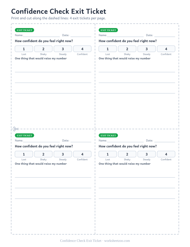 Confidence Check Exit Ticket: free printable exit ticket PDF to print and cut, 4 slips per page
