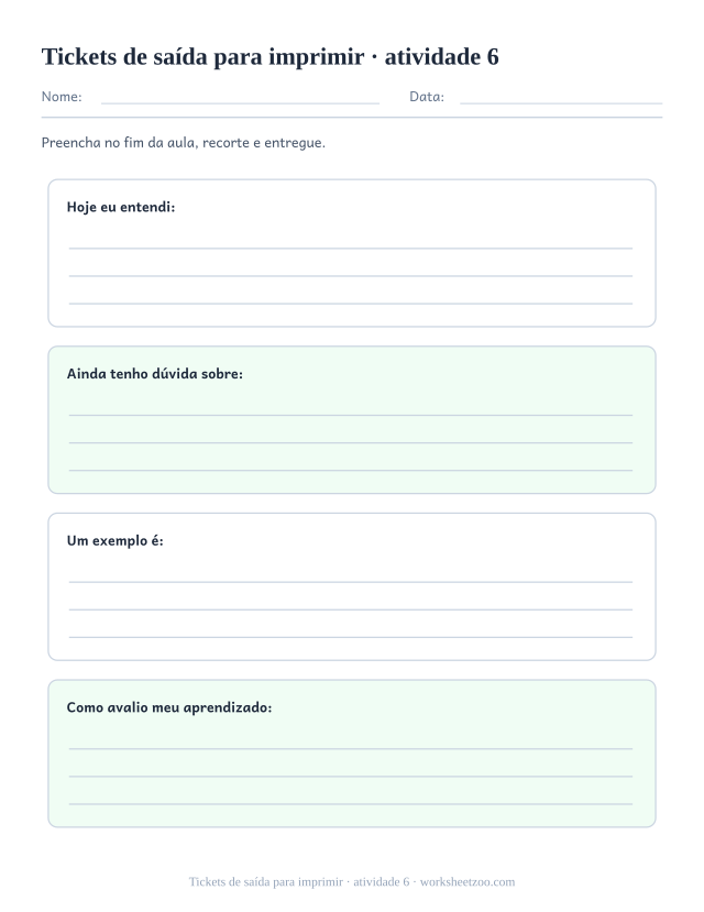 Prévia de Tickets de saída para imprimir, atividade 6 para imprimir