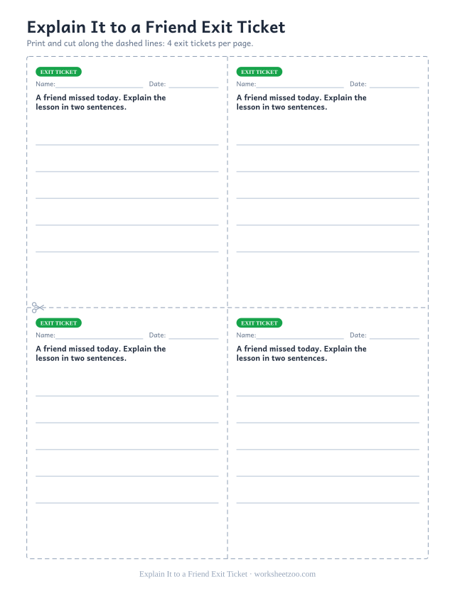 Explain It to a Friend Exit Ticket: free printable exit ticket PDF to print and cut, 4 slips per page