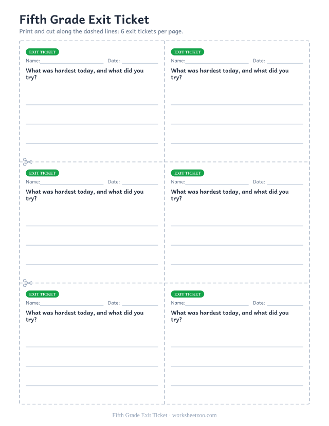 Fifth Grade Exit Ticket: free printable exit ticket PDF to print and cut, 6 slips per page