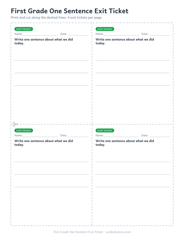 First Grade One Sentence Exit Ticket: free printable exit ticket PDF to print and cut, 4 slips per page