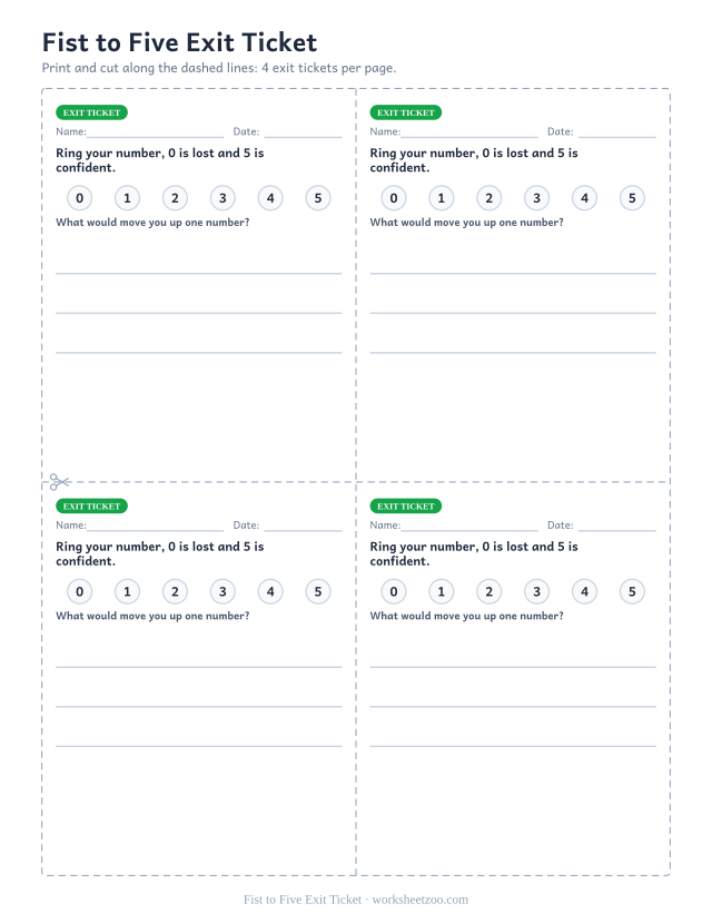 Fist to Five Exit Ticket: free printable exit ticket PDF to print and cut, 4 slips per page