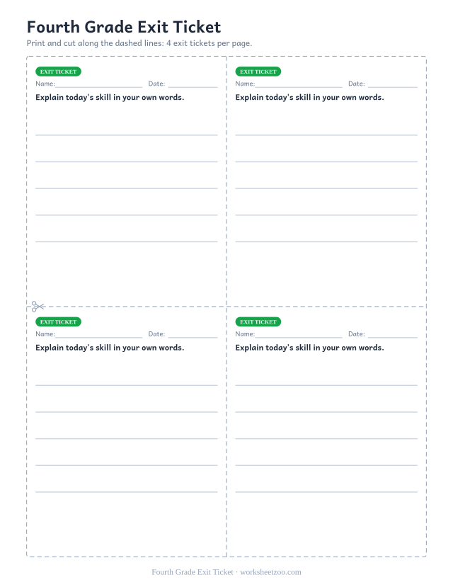 Fourth Grade Exit Ticket: free printable exit ticket PDF to print and cut, 4 slips per page