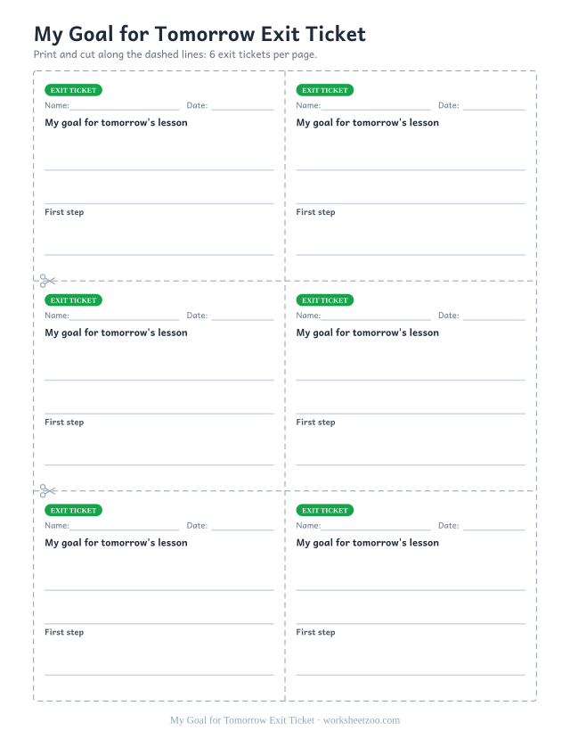 My Goal for Tomorrow Exit Ticket: free printable exit ticket PDF to print and cut, 6 slips per page