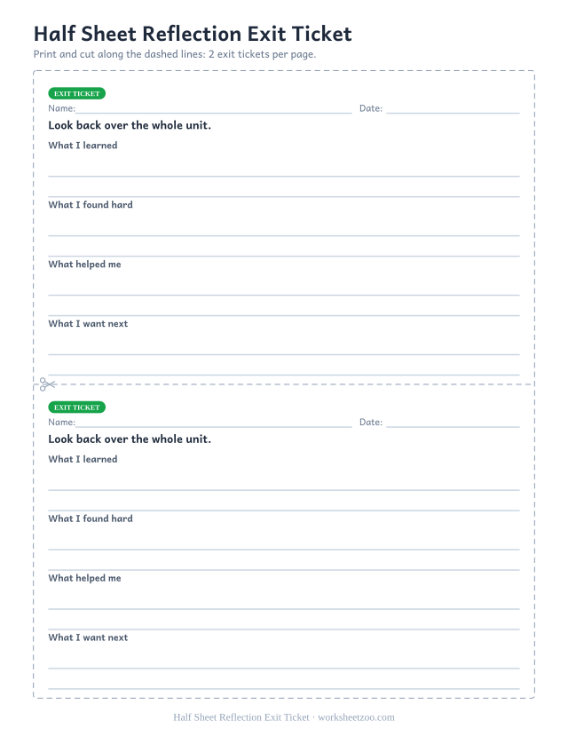 Half Sheet Reflection Exit Ticket: free printable exit ticket PDF to print and cut, 2 slips per page